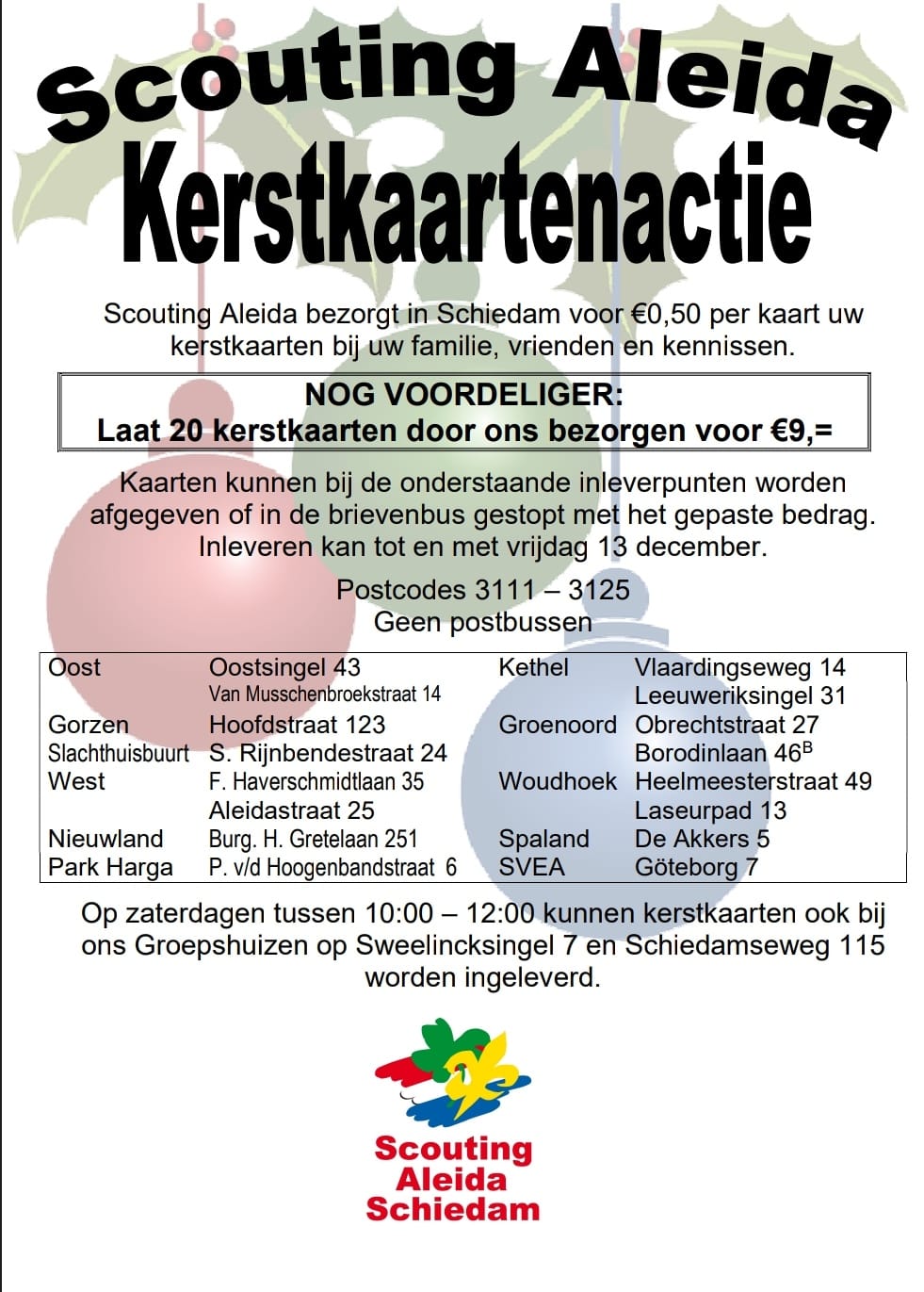 Laat uw kerstkaarten bezorgen door Scouting Aleida Schiedam