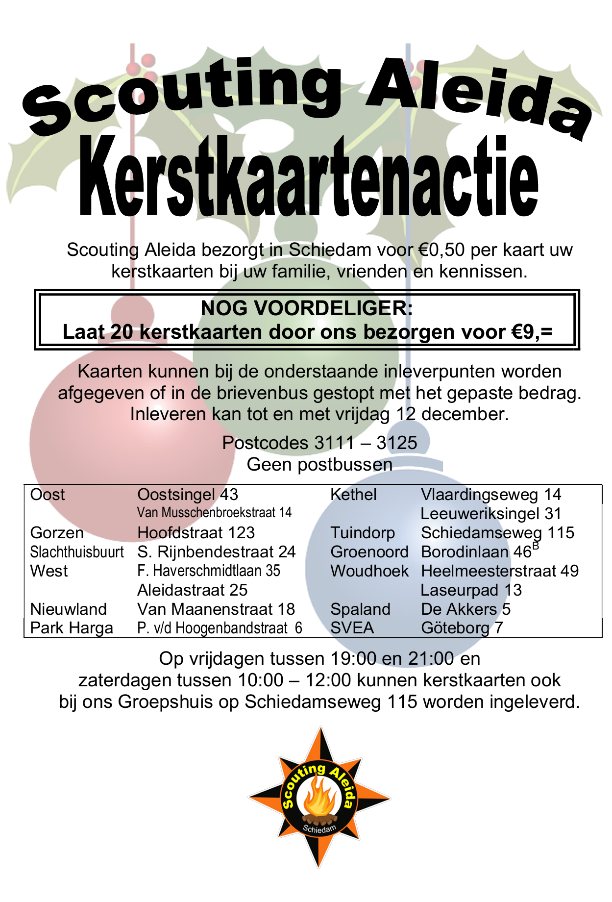 Laat uw kerstkaarten bezorgen door Scouting Aleida in Schiedam