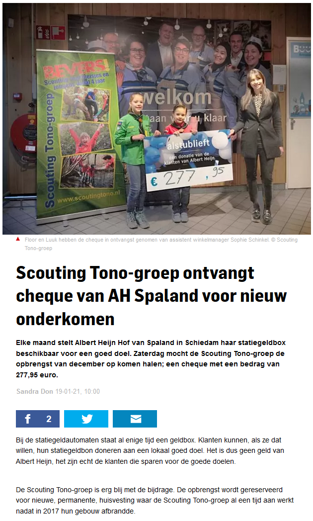 In het katern Waterweg van het Algemeen Dagblad stond op dinsdag 19 januari 2021 dit artikel over de overhandiging van het bedrag