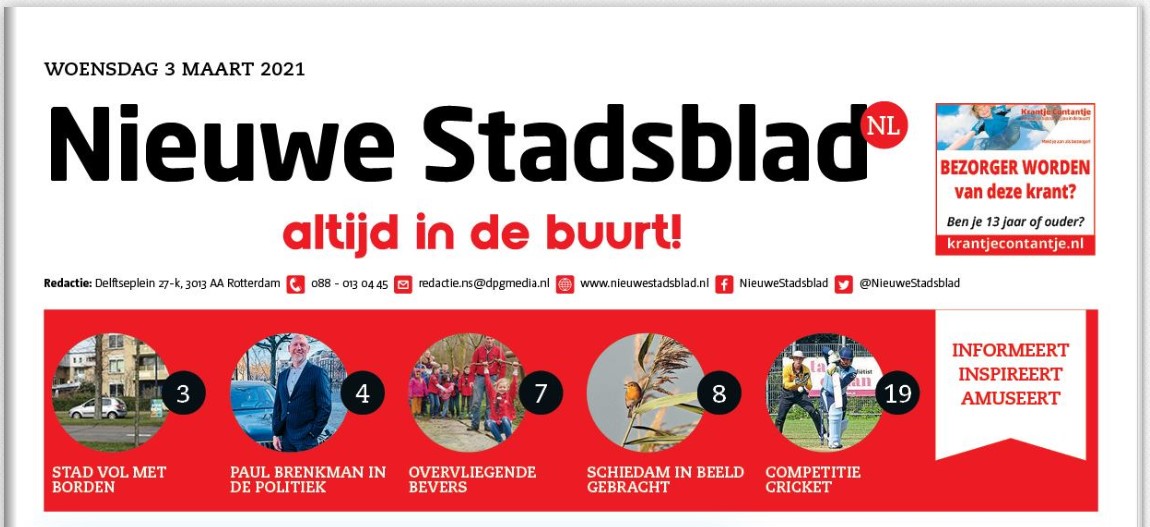 Op de voorpagina van Het Nieuwe Stadsblad van 3 maart 2021 wordt het artikel over de Scouting Tono-groep al aangekondigd